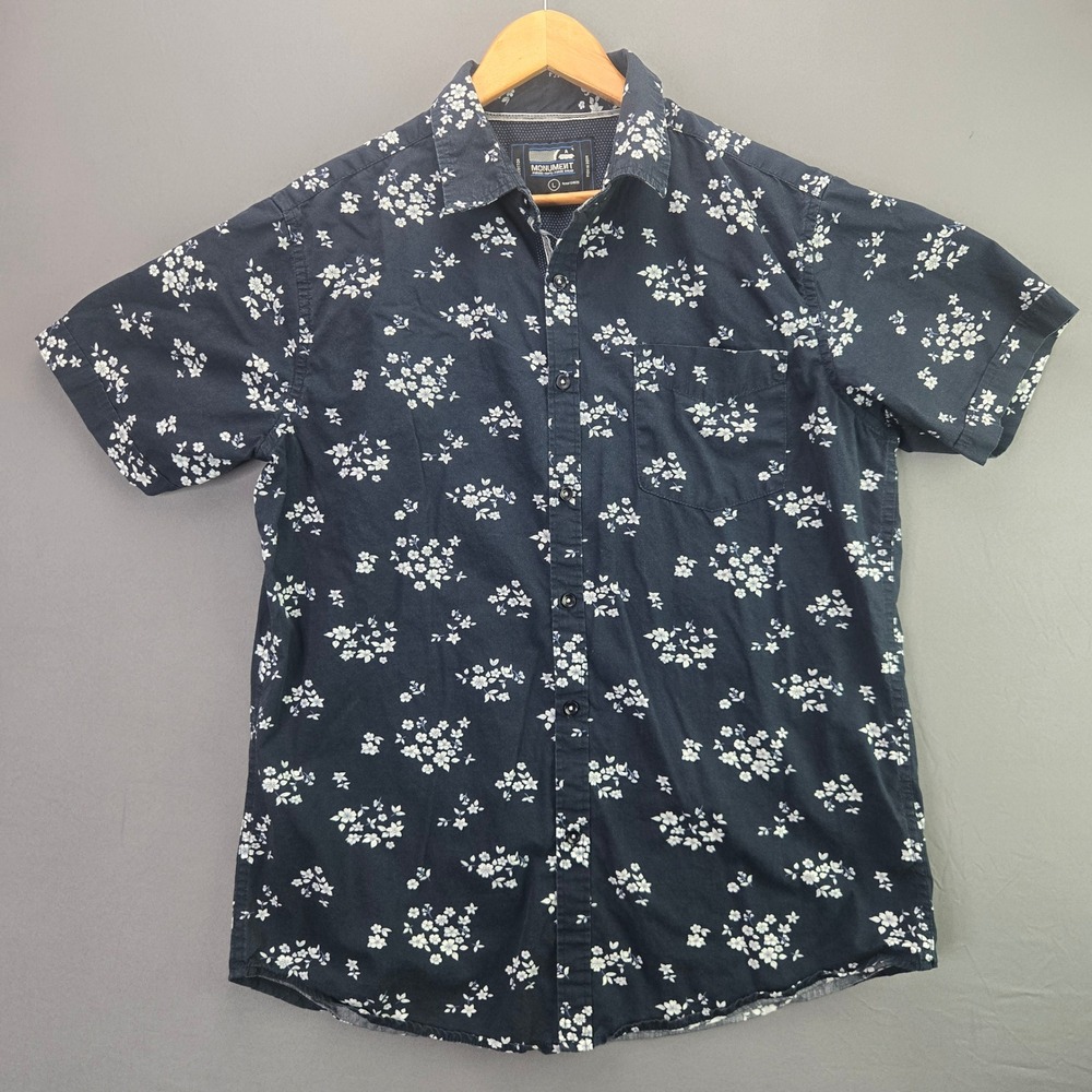 Monument Shirt Mens Large Blue Floral Button Up Short Sleeve Cotton Casual Navy